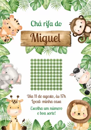 Convite Chá Rifa Safari com Animais Fofos para Editar Online