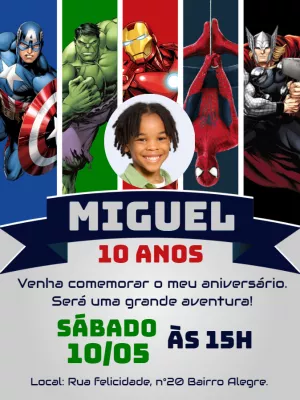 Convite Aniversário Vingadores com Foto para Editar Online
