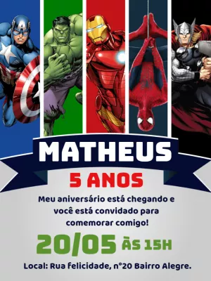 Convite de Aniversário Vingadores com Heróis para Editar Online