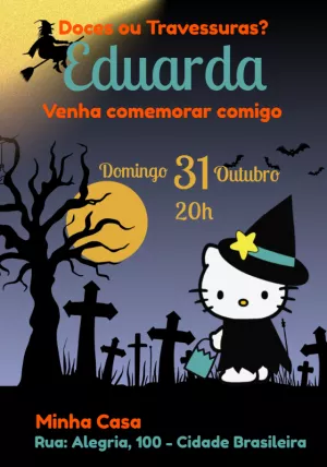 Convite Aniversário Hello Kitty Halloween para Editar Online