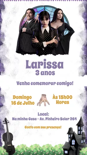 Convite Aniversário Wandinha Addams para Editar Online