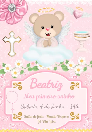 Convite 1º Aninho e Batizado Ursinha Anjo para Editar Online
