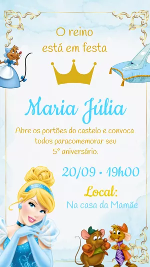 Convite Aniversário Cinderela com Personagens para Editar Online