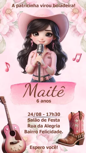 Convite Aniversário Boiadeira Cute para Editar Online