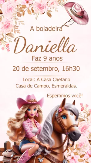 Convite Aniversário Barbie Boiadeira para Editar Online