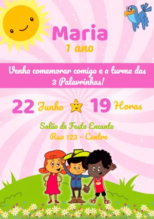 Convite Aniversário 3 Palavrinhas com a Turma para Editar Online