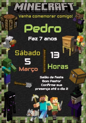 Convite de Aniversário Minecraft com Personagens para Editar Online