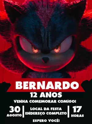 Convite Aniversário Shadow Sonic 3 para Editar e Imprimir