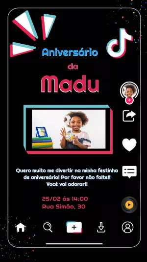 Convite Aniversário TikTok com Foto para Editar Online