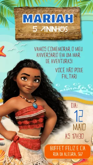 Convite de Aniversário Moana para Editar e Personalizar