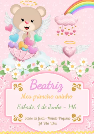 Convite de Aniversário Ursinha Anjinha para Editar Online