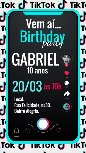 Convite de Aniversário Tema Tik Tok para Editar Online