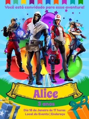 Convite de Aniversário Fortnite com Personagens para Editar
