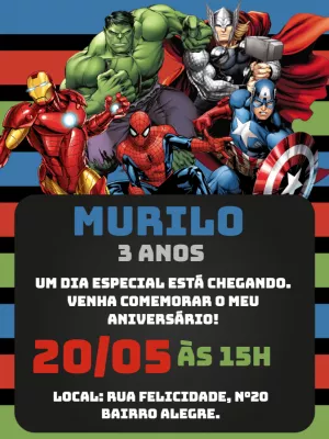 Convite de Aniversário Vingadores para Editar com Heróis