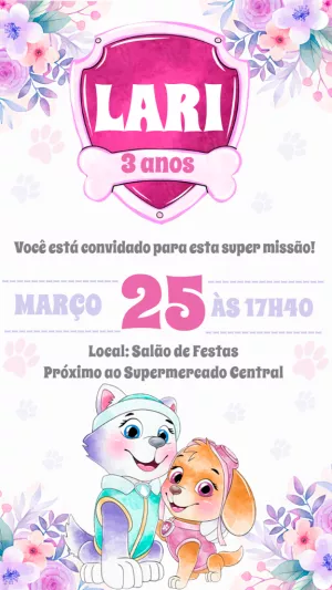 Convite Aniversário Patrulha Canina Skye e Everest para Editar