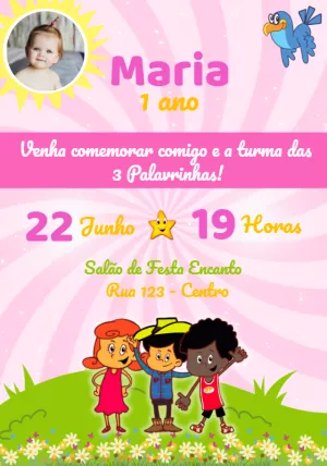 Convite Aniversário 3 Palavrinhas com Foto para Editar Online