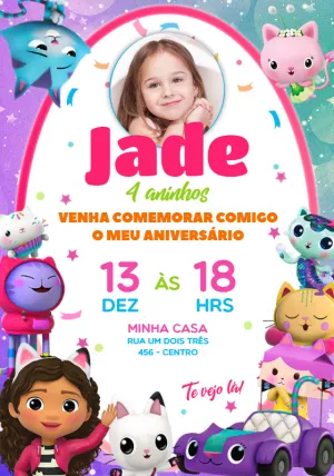 Convite Aniversário A Casa Mágica da Gabby com Foto para Editar