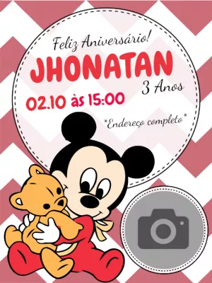 Convite Aniversário Mickey Baby com Foto para Editar Online