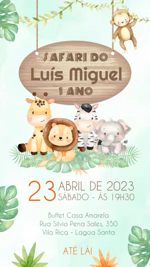 Convite de Aniversário Safari com Animais Fofos para Editar