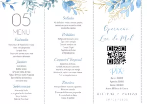 Cardápio de Casamento Floral Azul e Dourado para Editar