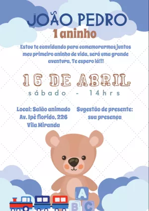Convite de Aniversário Ursinho Fofo para Editar Online