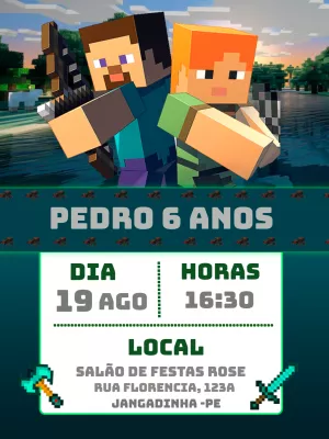 Convite de Aniversário Minecraft com Personagens para Editar