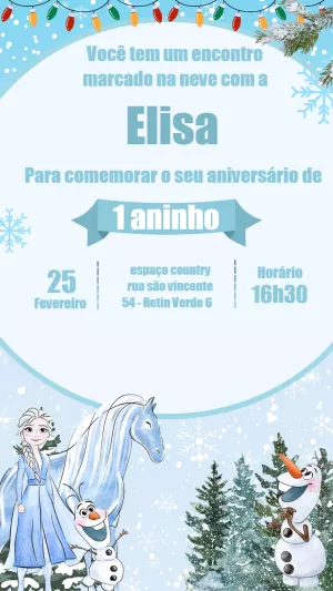 Convite de Aniversário Frozen com Elsa e Olaf para Editar Online