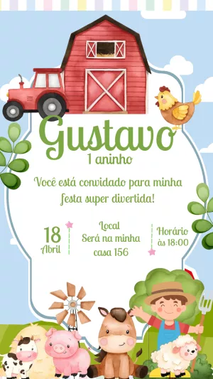 Convite Aniversário Fazendinha com Animais para Editar Online