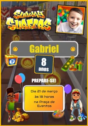 Convite Aniversário Subway Surfers com Foto para Editar Online