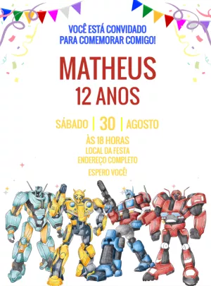 Convite de Aniversário Transformers para Editar Online