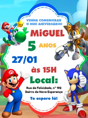 Convite de Aniversário Mario e Sonic para Editar Online