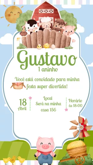 Convite de Aniversário Fazendinha com Animais para Editar