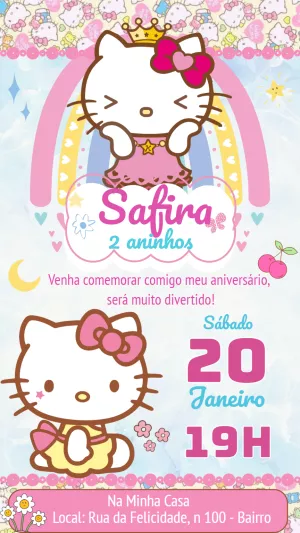 Convite de Aniversário Hello Kitty Editável Online para Imprimir
