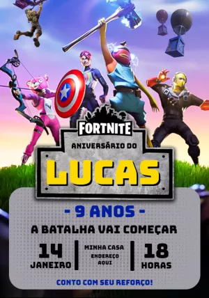 Convite Aniversário Fortnite com Personagens para Editar Online