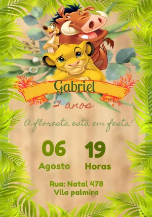Convite de Aniversário Rei Leão com Personagens para Editar