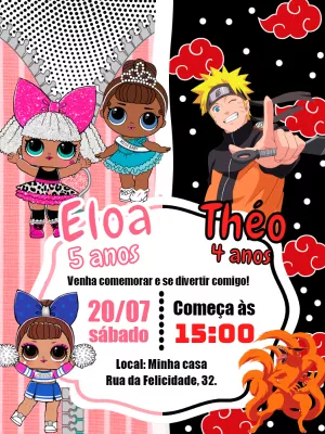 Convite Aniversário Duplo Lol Surprise e Naruto para Editar