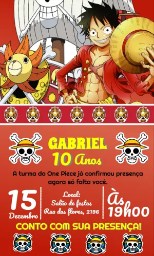 Convite de Aniversário One Piece com Personagens para Editar