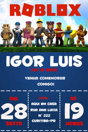 Convite de Aniversário Roblox com Personagens para Editar Online