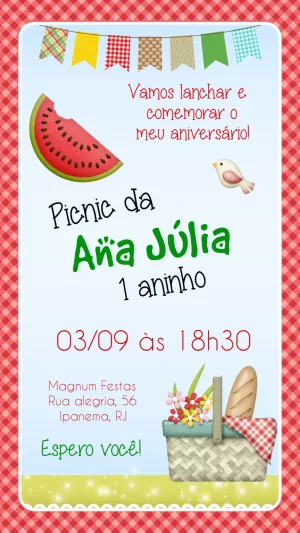Convite de Aniversário Piquenique com Melancia para Editar Online