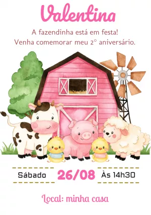 Convite Aniversário Fazendinha Rosa com Animais para Editar