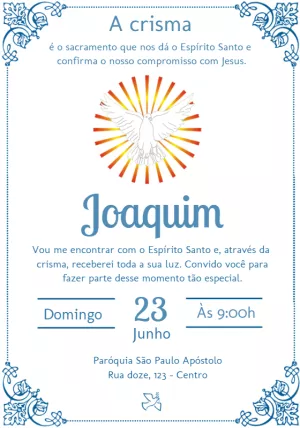Convite de Crisma com Pomba do Espírito Santo para Editar Online