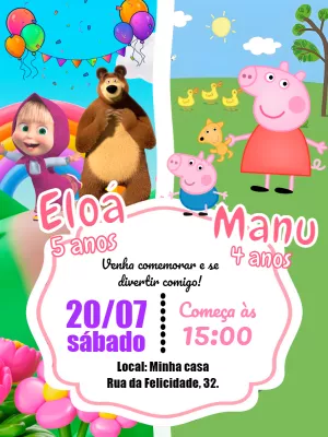 Convite Aniversário Duplo Masha e o Urso e Peppa Pig para Editar
