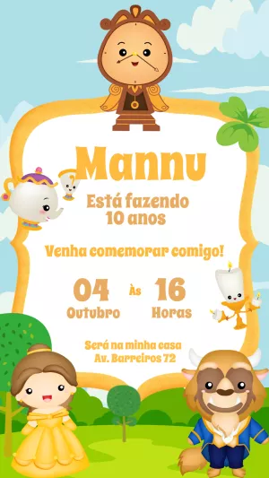 Convite Aniversário A Bela e a Fera Fofo para Editar Online