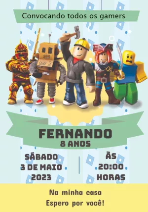 Convite de Aniversário Roblox com Personagens para Editar Online