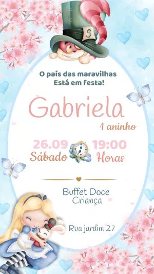 Convite Alice no País das Maravilhas Aquarela para Editar Online
