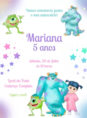 Convite Aniversário Monstros SA Aquarela para Editar Online