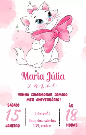 Convite Aniversário Gatinha Marie para Editar Online
