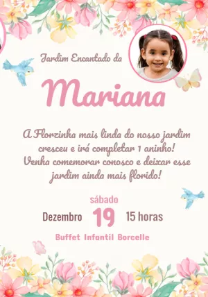 Convite Aniversário Jardim Encantado com Foto para Editar Online