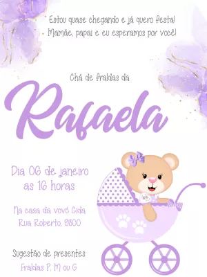 Convite Chá de Fraldas Ursinha Lilás para Editar Online