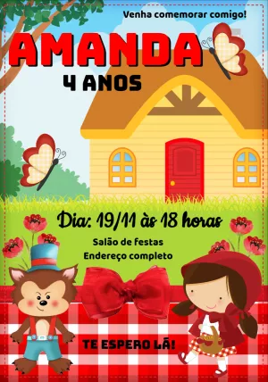 Convite de Aniversário Chapeuzinho Vermelho para Editar Online